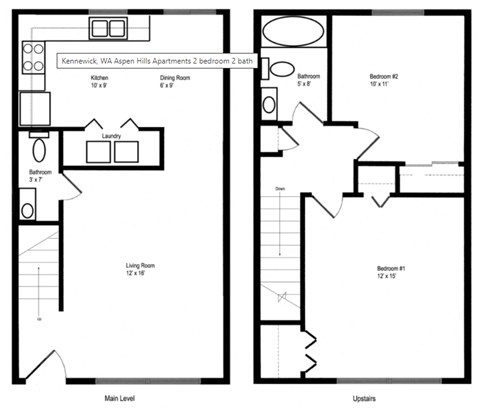 Floor plan for 2 beds, 1.5 baths, 1000 sqft